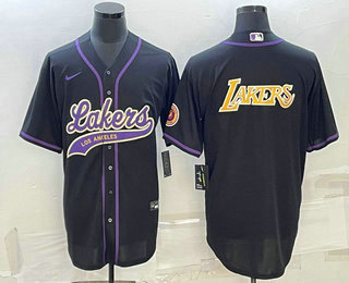 Mens Los Angeles Lakers Black Big Logo Cool Base Stitched Baseball Jerseys